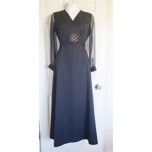 Vintage 70s Black Sheer Sleeve Evening Dress Size S